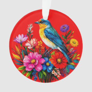 Bluebird Perched Among Colourful Spring Flowers Ornament