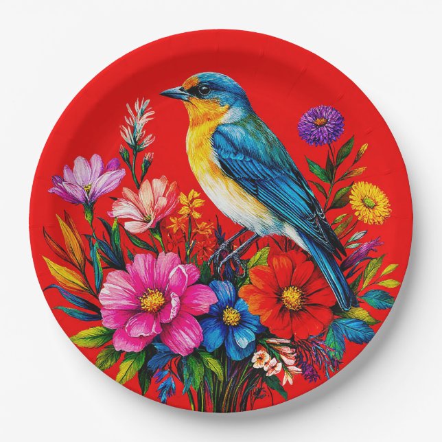 Bluebird Perched Among Colourful Spring Flowers Paper Plate (Front)