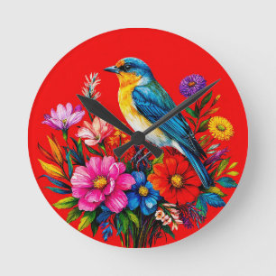 Bluebird Perched Among Colourful Spring Flowers Round Clock