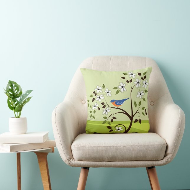 Bluebird Perched On Flowering Tree Throw Pillow (Chair)