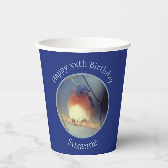 Bluebird Personalized Happy Birthday Paper Cups (Front)