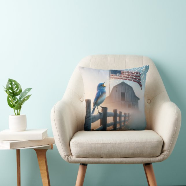 Bluebird Singing In Mist With American Flag Throw Pillow (Chair)