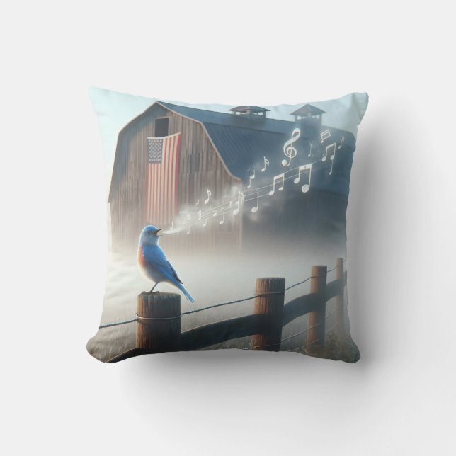 Bluebird Singing In Morning Mist Throw Pillow (Front)