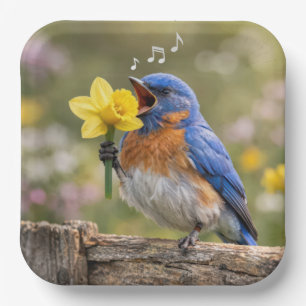 Bluebird Singing Into a Yellow Daffodil Paper Plate