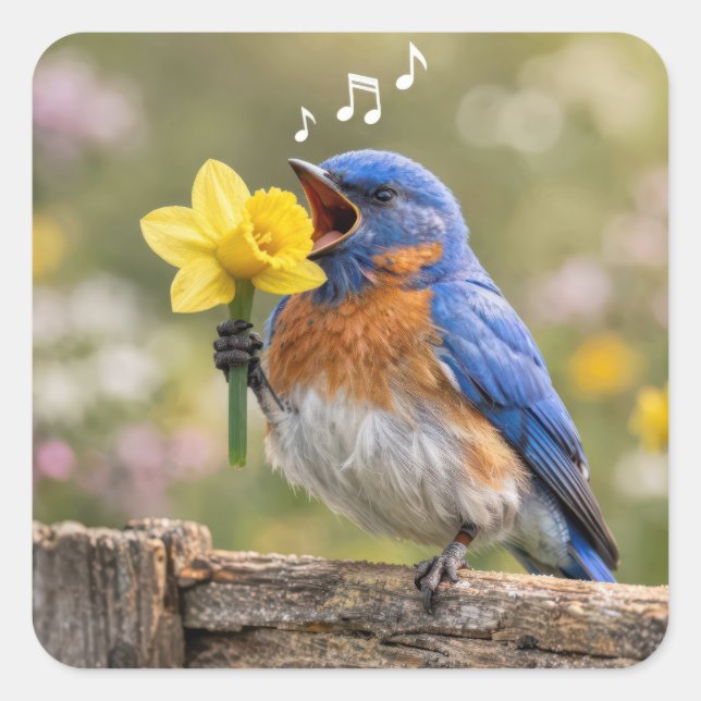 Bluebird Singing Into a Yellow Daffodil Square Sticker (Front)