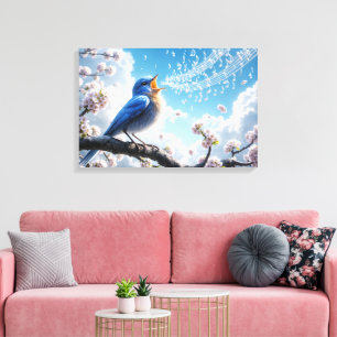 Bluebird Singing On a Cherry Tree Branch Canvas Print