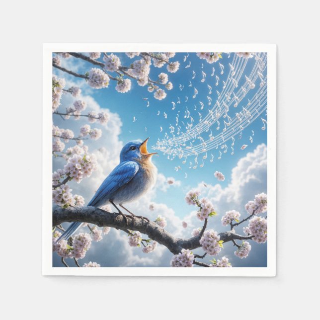 Bluebird Singing On a Cherry Tree Branch Napkin (Front)