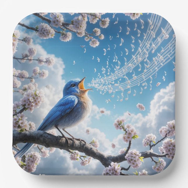 Bluebird Singing On a Cherry Tree Branch Paper Plate (Front)