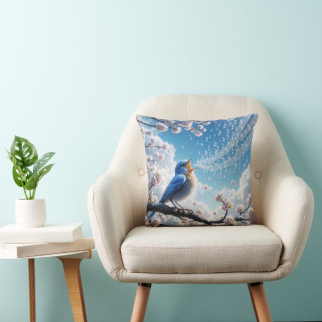 Bluebird Singing On a Cherry Tree Branch Throw Pillow (Chair)