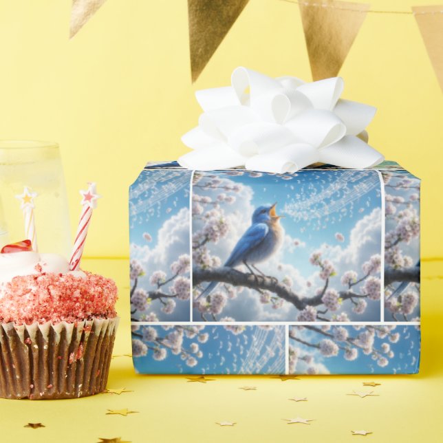 Bluebird Singing On a Cherry Tree Branch Wrapping Paper (Birthday Party)