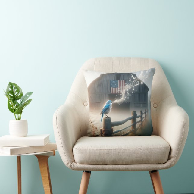 Bluebird Singing On a Country Fence Throw Pillow (Chair)