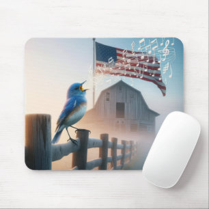 Bluebird Singing With American Flag Mouse Pad
