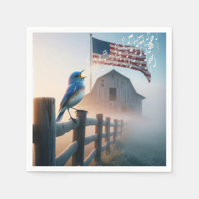 Bluebird Singing With American Flag Napkin (Front)