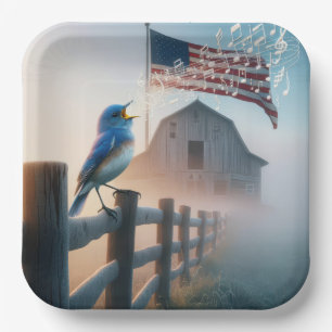 Bluebird Singing With American Flag Paper Plate