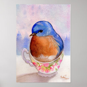 Bluebird Teacup Watercolor Poster