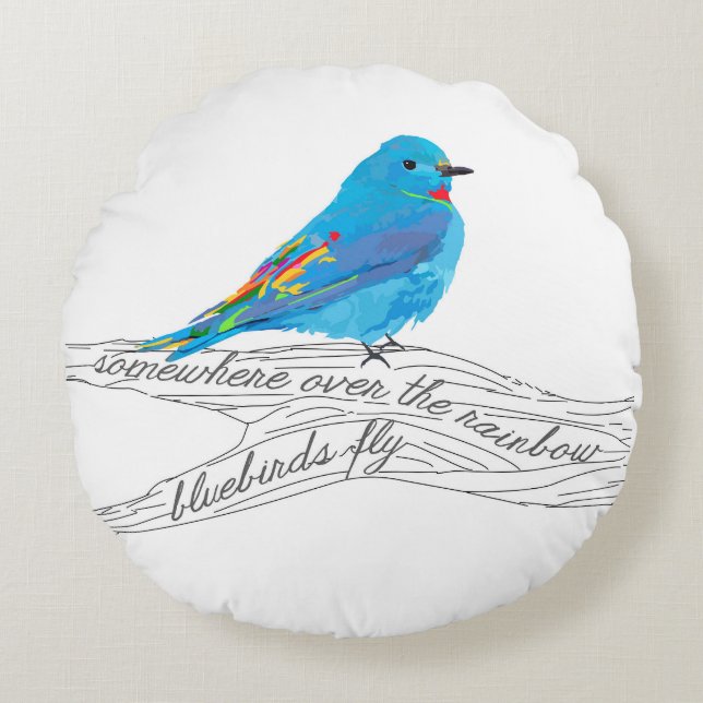 Bluebird Throw Pillow, Somewhere over the Rainbow Round Pillow (Front)