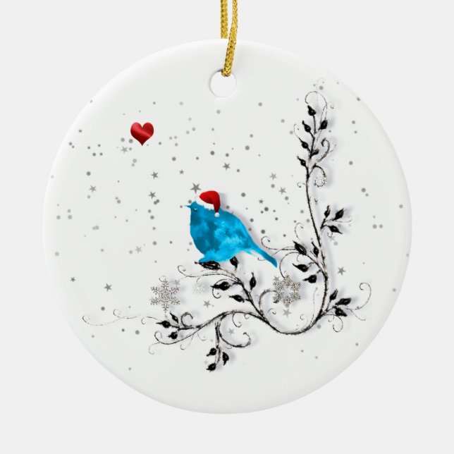 Bluebird Watching A Christmas Heart Ceramic Ornament (Front)