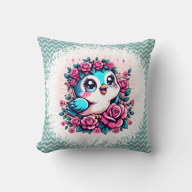 Bluebird with Flowers Throw Pillow (Front)