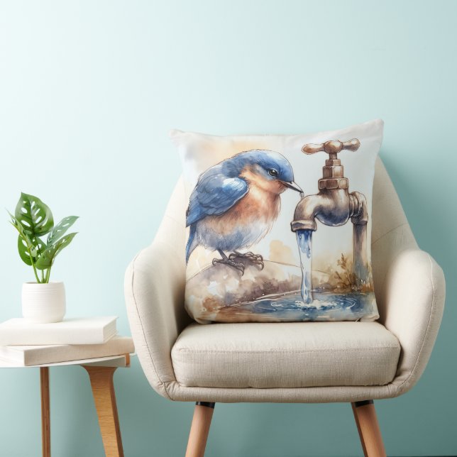 Bluebird With Flowing Water Out of a Faucet Throw Pillow (Chair)