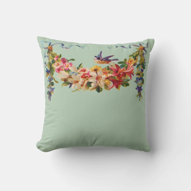 Bluebird with Garland of Flowers Throw Pillow (Front)