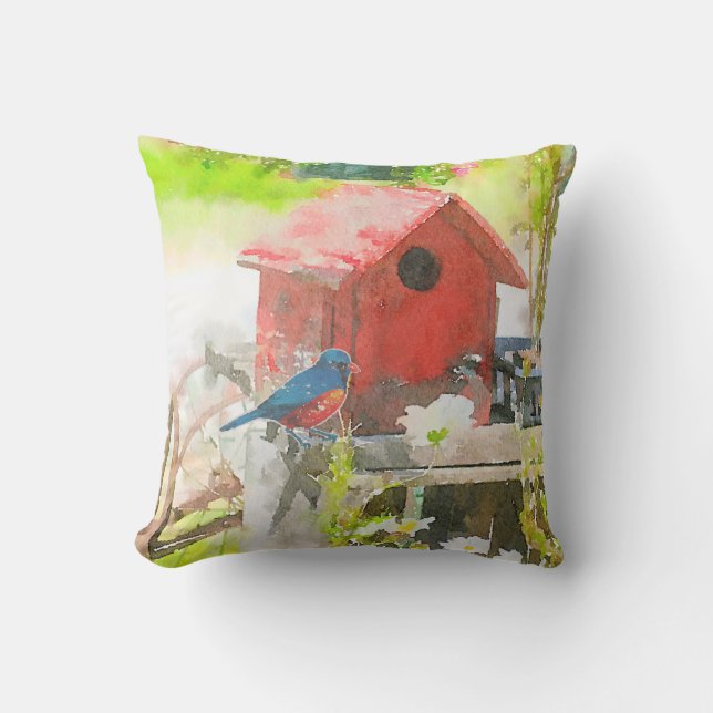 Bluebird with Red Birdhouse Outdoor Pillow (Front)