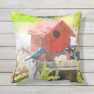 Bluebird with Red Birdhouse Outdoor Pillow