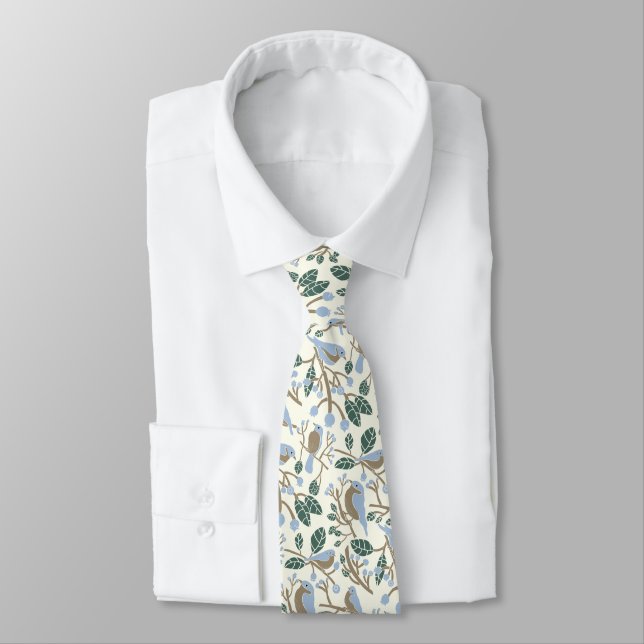 Bluebirds and Blueberries Light Blue, Brown, Cream Tie (Tied)