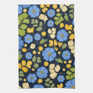 Bluebirds and flowers art kitchen towel