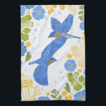 Bluebirds and flowers kitchen towel<br><div class="desc">This pretty Spring floral pattern features blue zebra primrose flowers,  leaf elements,  and green fern leaves along with two flying bluebirds. Hand drawn,  original artwork.</div>