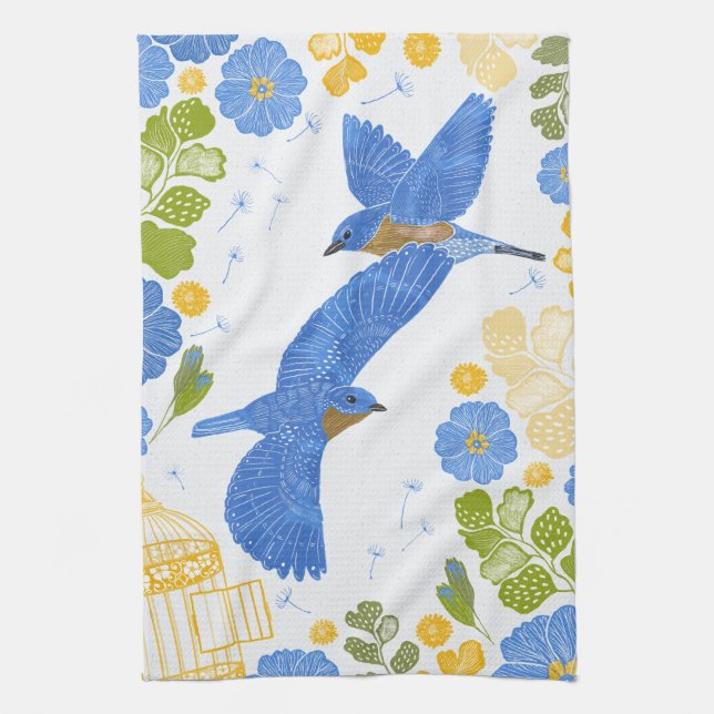 Bluebirds and flowers kitchen towel (Vertical)