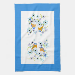 Bluebirds and flowers watercolor Tea Towel