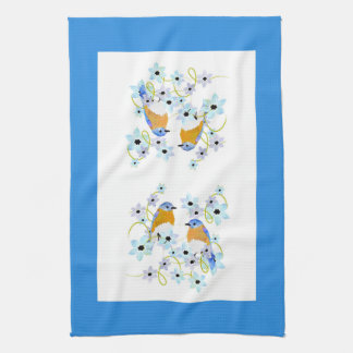 Bluebirds and flowers watercolor Tea Towel
