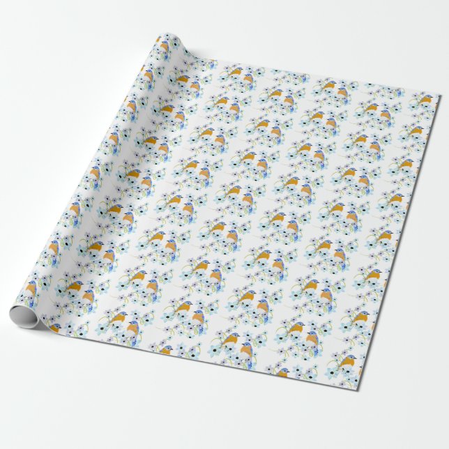 Bluebirds and flowers watercolor wrapping paper (Unrolled)