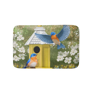 Bluebirds and Hexagon Birdhouse Blue Bath Mat