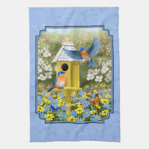 Bluebirds and Hexagon Birdhouse Blue Kitchen Towel