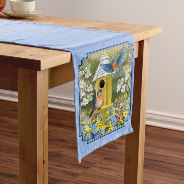 Bluebirds and Hexagon Birdhouse Blue Medium Table Runner (In Situ)