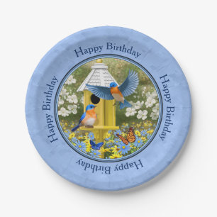 Bluebirds and Hexagon Birdhouse Blue Paper Plate
