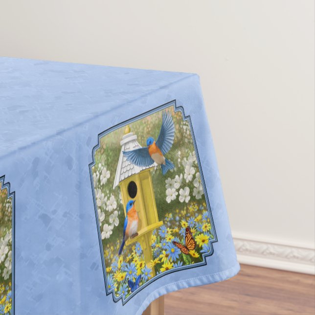 Bluebirds and Hexagon Birdhouse Blue Tablecloth (In Situ)