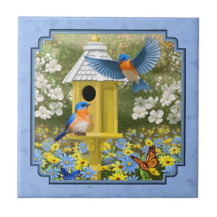 Bluebirds and Hexagon Birdhouse Blue Tile