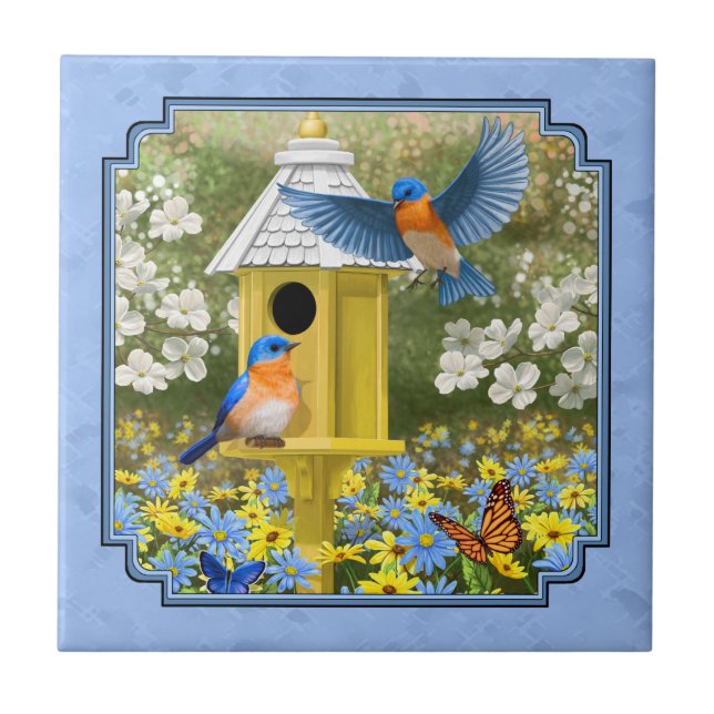 Bluebirds and Hexagon Birdhouse Blue Tile (Front)