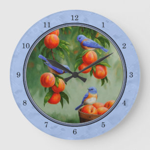 Bluebirds and Peaches Blue Large Clock