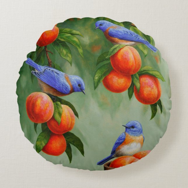 Bluebirds and Peaches Round Pillow (Front)