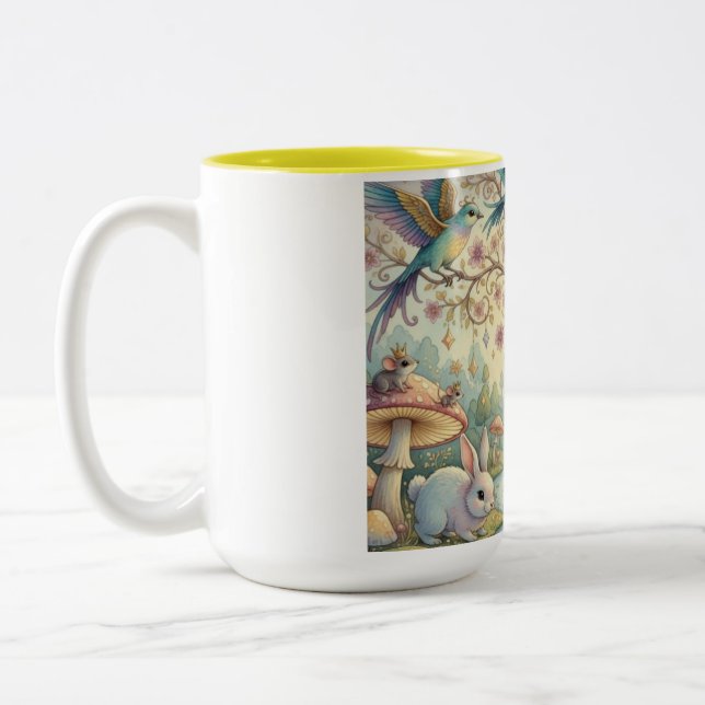 Bluebirds and Rabbits in a Dream Garden Two-Tone Coffee Mug (Left)