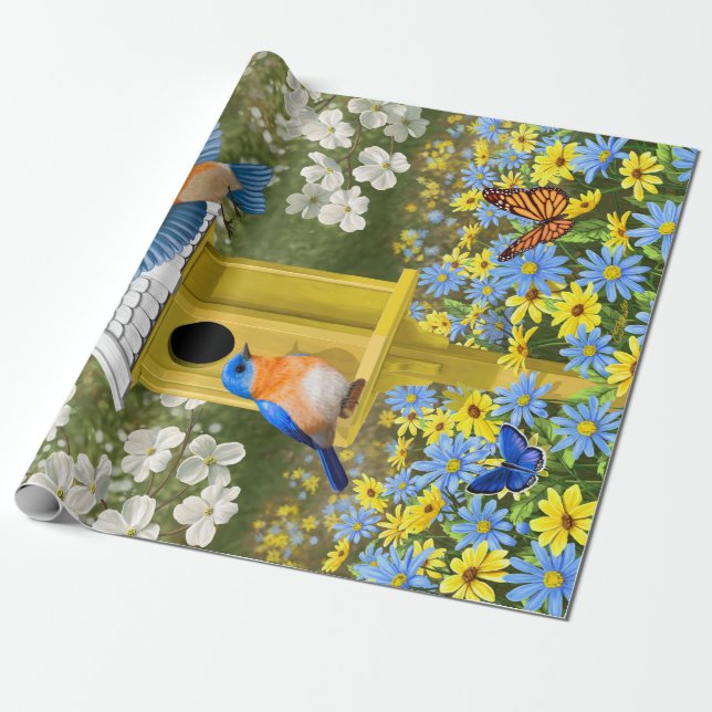 Bluebirds and Round Birdhouse Wrapping Paper (Unrolled)