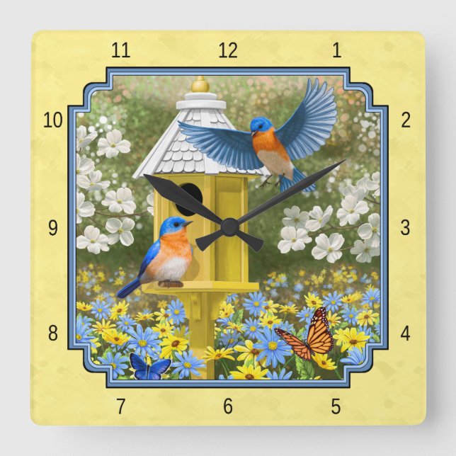Bluebirds and Round Birdhouse Yellow Square Wall Clock (Front)