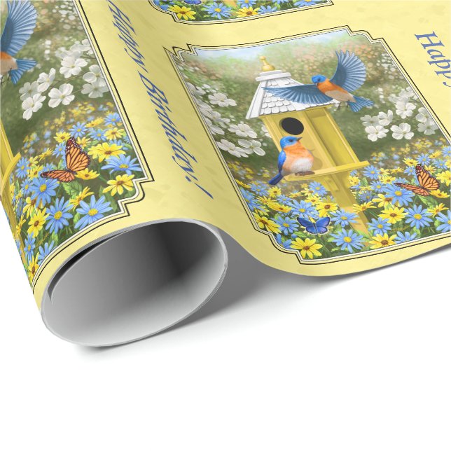 Bluebirds and Round Birdhouse Yellow Wrapping Paper (Roll Corner)