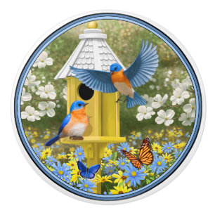 Bluebirds and Tall Yellow Birdhouse Ceramic Knob