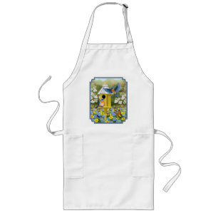 Bluebirds and Tall Yellow Birdhouse Long Apron