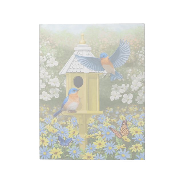 Bluebirds and Tall Yellow Birdhouse Notepad (Rotated)