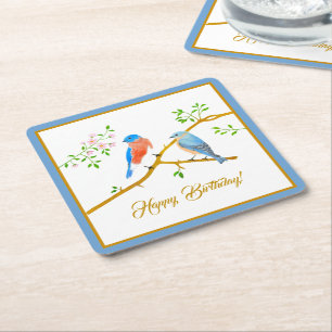 Bluebirds Blue Frame Square Paper Coaster